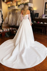 Chic White Strapless A-Line Sleeveless Long Satin Split Front Wedding Dresses With Ruffles